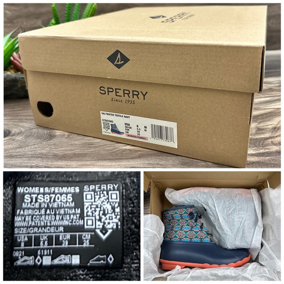 NIB Sperry Saltwater Serape Textile Geometric Navy Waterproof Duck Rain Boots - Picture 12 of 13